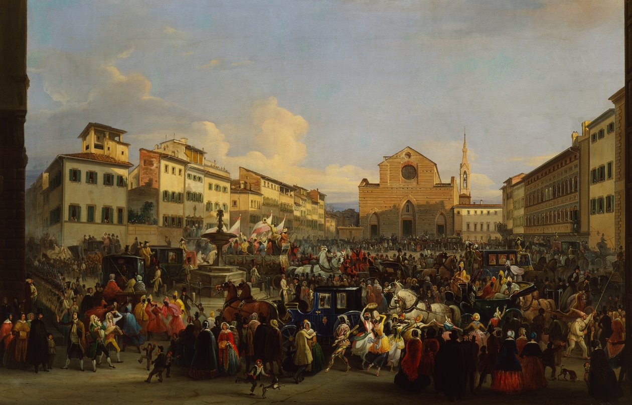 Piazza Santa Croce Firenzessä karnevaalin aikana tekijältä Giovanni Signorini