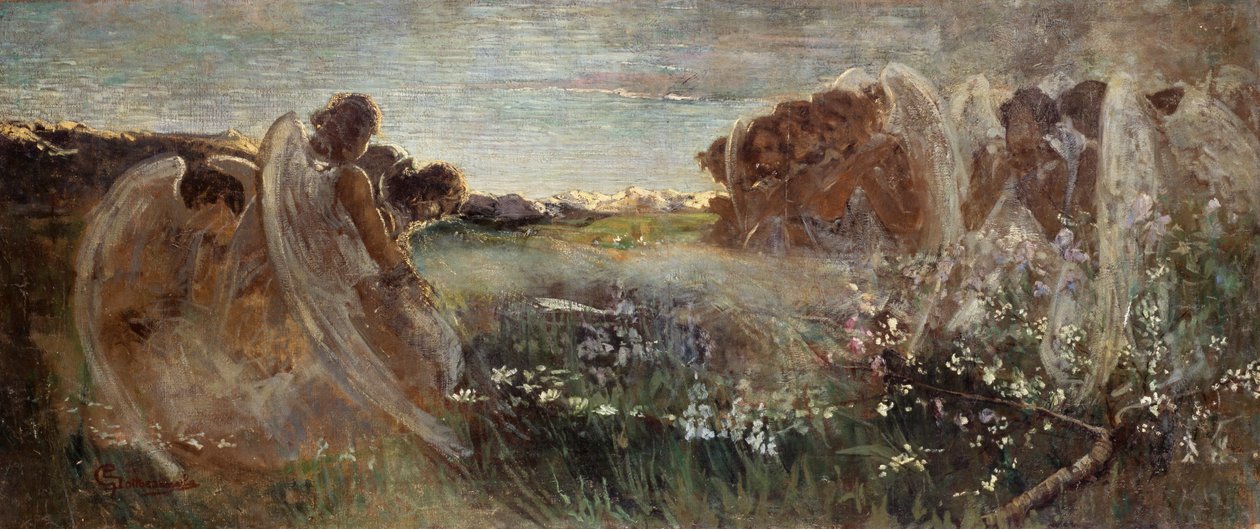Enkelien rukous, Giovanni Sottocornola (1855-1917), öljy kankaalle, 54x128,5 cm tekijältä Giovanni Sottocornola