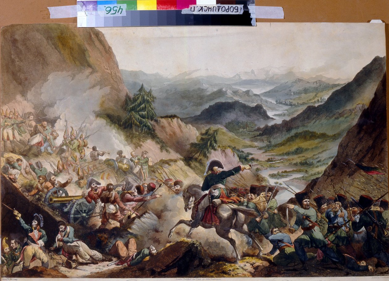 Prinssi Pierre de Bagration (1765-1812) johti kasakat hyökkäämään Alpeille. (Prinssi Piotr Ivanovitch Bagration johdattaa kasakat hyökkäykseen Alpeilla). Venäläistä sankaria kuvataan toisen Italian kampanjan (1799-1800) aikana tekijältä Giovanni Vendramini