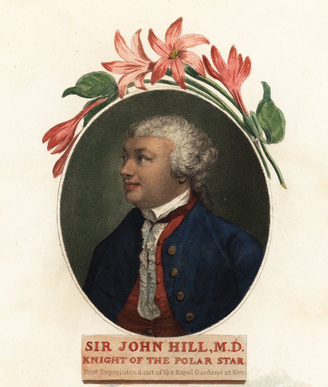 Luonnontutkijan ja kasvitieteilijän Sir John Hillin muotokuva. 1800 (kaiverrus) tekijältä Giovanni Vendramini