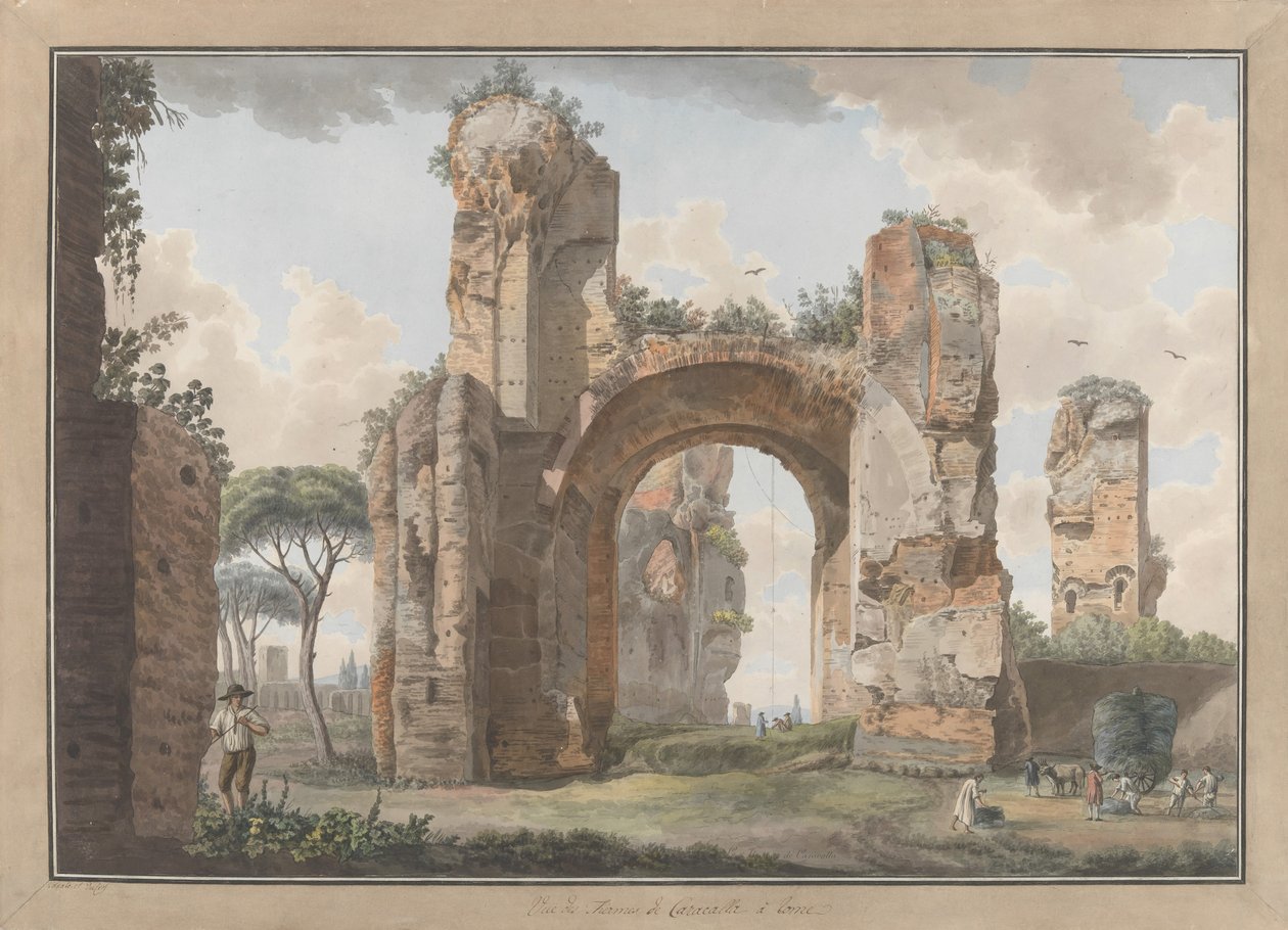 Caracallan kylpylöiden sisätilat, n. 1780. Tekijät: Giovanni Volpato, Louis Ducros. tekijältä Giovanni Volpato, Louis Ducros