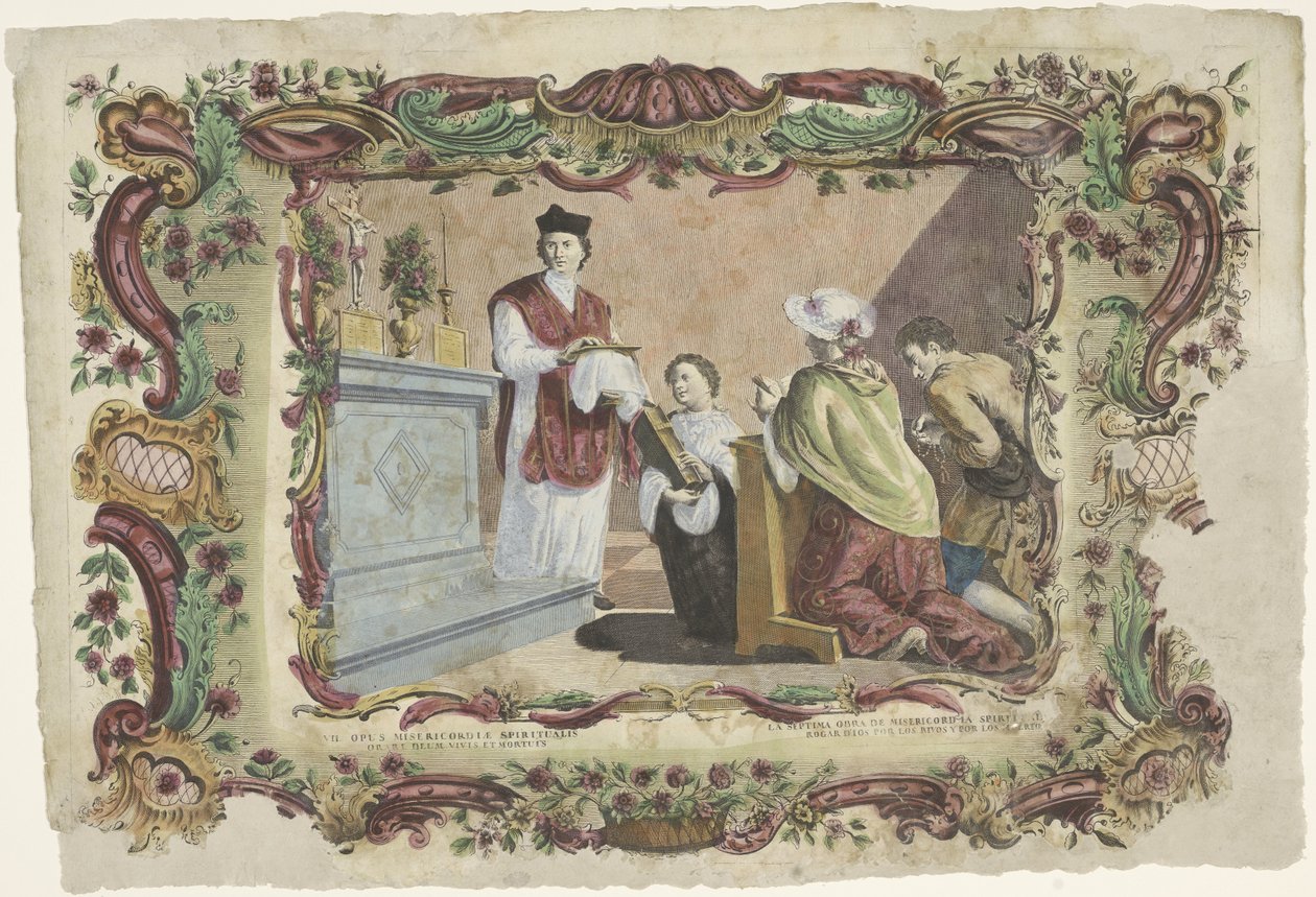 Rukoileminen elävien ja kuolleiden puolesta VII. opus misericordiae spiritualis / La septima obra de misericordia spiritual (...) (otsikko esineessä) The Spiritual Works of Mercy (sarjan nimi) tekijältä Giovanni Volpato
