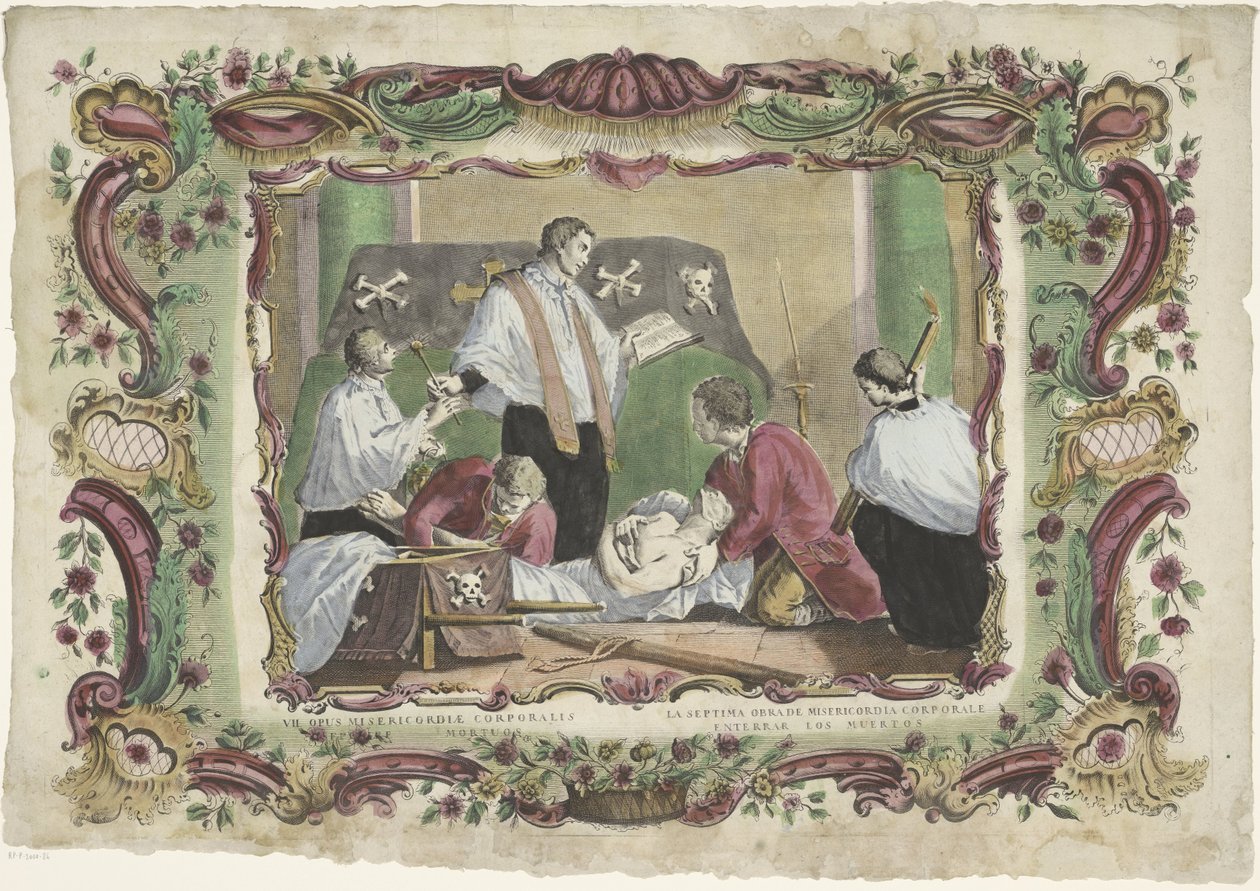 Kuolleiden hautaaminen VII opus misericordiae corporalis / La septima obrade misericordia corporale (otsikko esineessä) The Spiritual Works of Mercy (sarjan nimi) tekijältä Giovanni Volpato