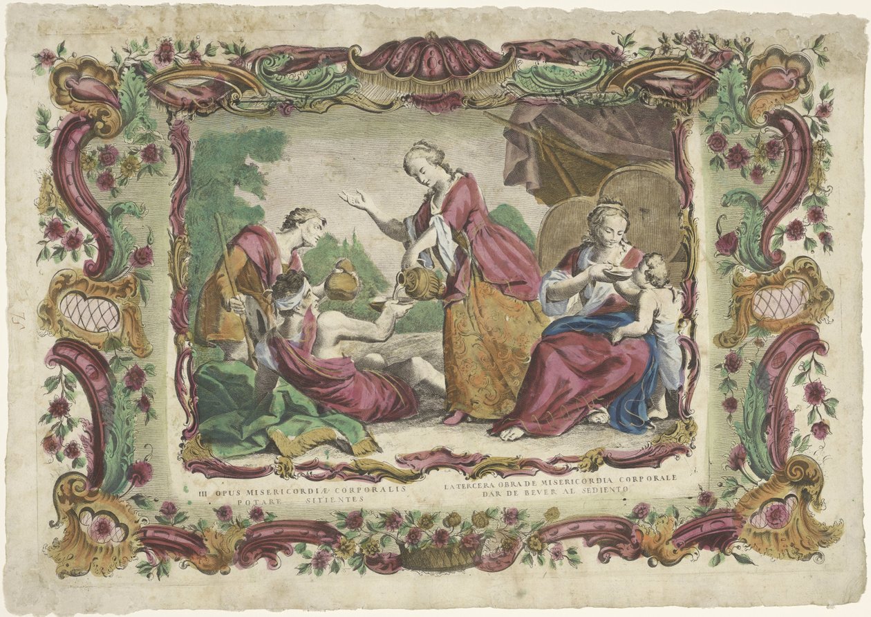 Laven Dorstigenista III. ruumiillisen armon työ / Later work of corporal Mercy (...) (otsikko esineessä) De spirituele werken van barmhartigheid (sarjan nimi) tekijältä Giovanni Volpato