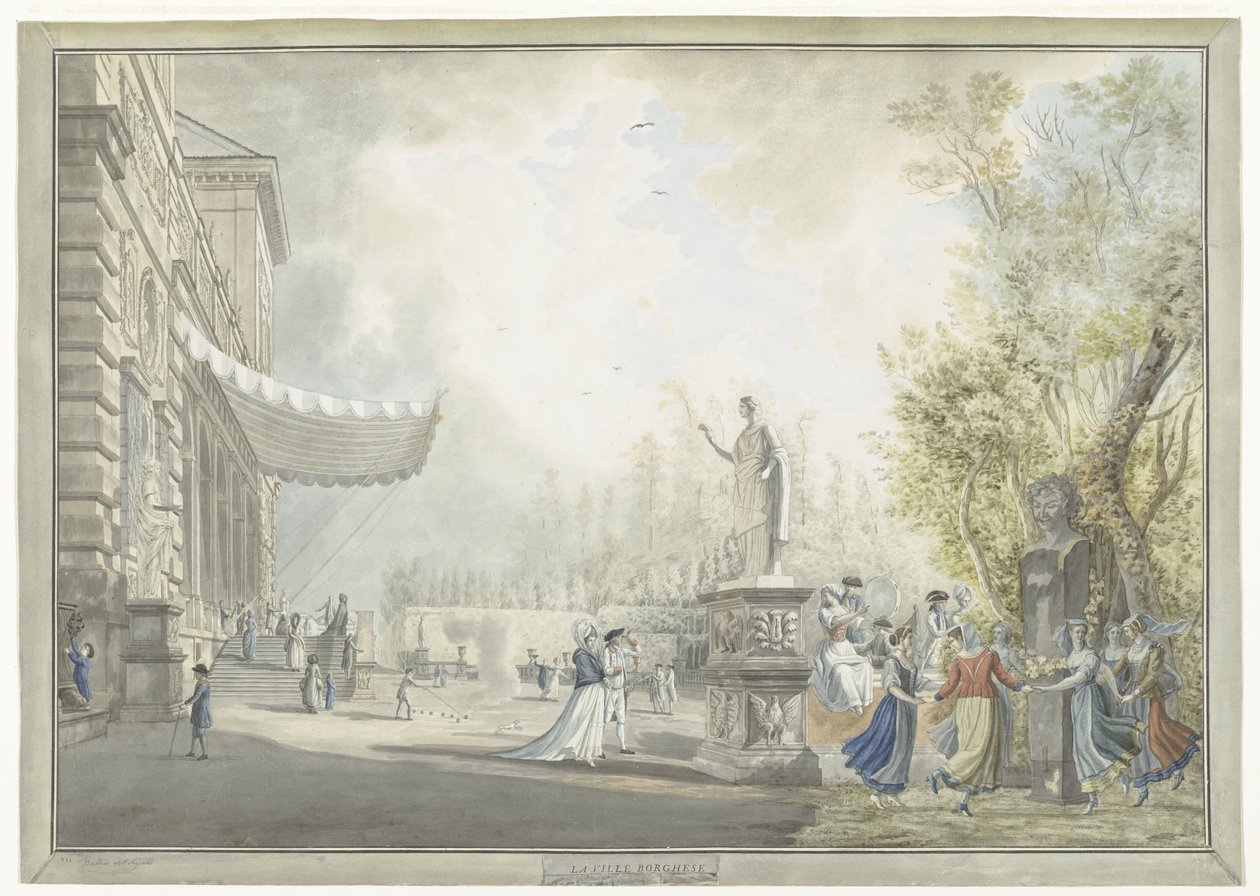 Näkymä Villa Borghese Pincianalle ja Villa Borghesen puutarhaan Roomassa La ville Borghese (otsikko esineessä) Näkymät Roomaan ja sen ympäristöön (sarjan nimi) tekijältä Giovanni Volpato