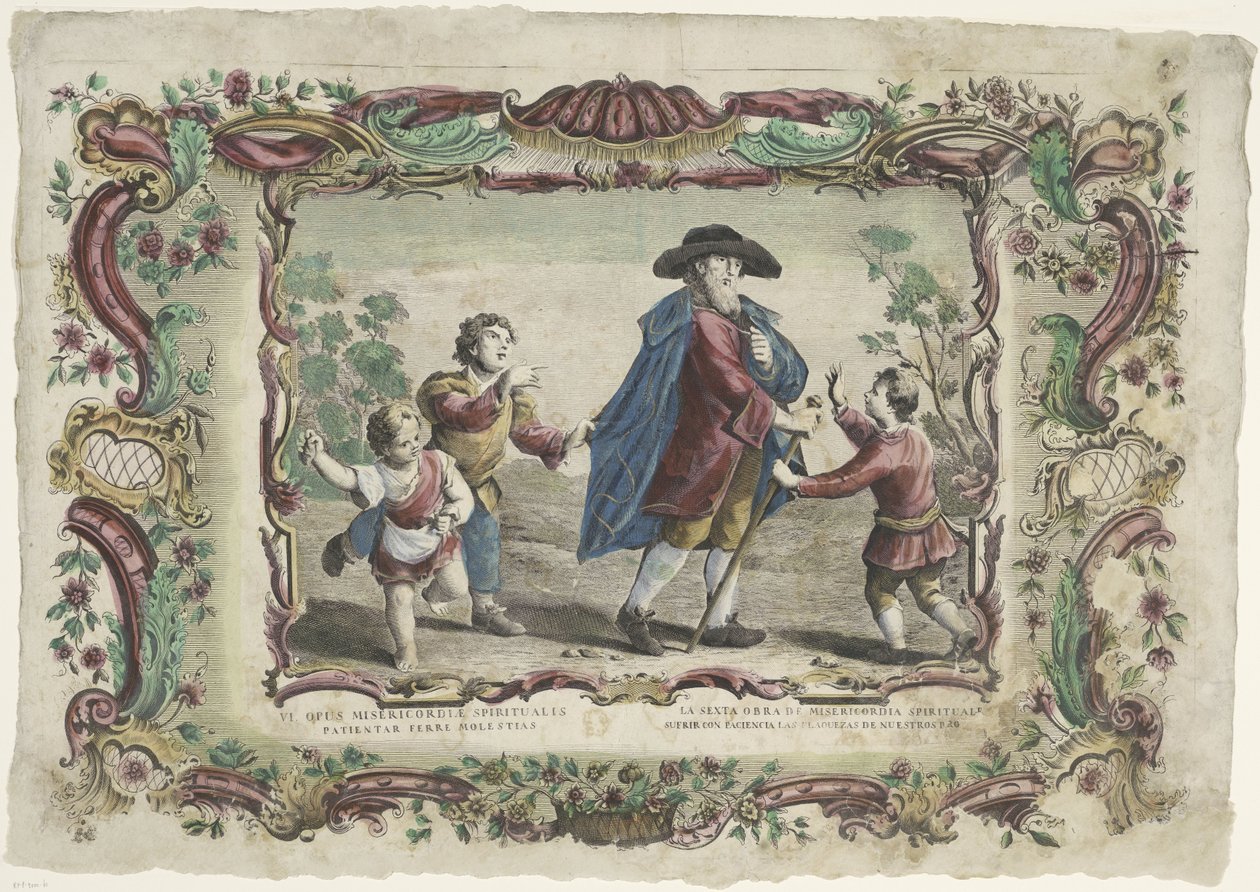 Kestää kärsivällisesti epäoikeudenmukaisuutta VI. opus misericordiae corporalis / La sexta obra de misericordie spirituale (otsikko esineessä) The Spiritual Works of Mercy (sarjan nimi) tekijältä Giovanni Volpato