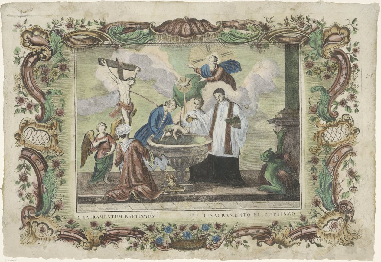 Kasteen sakramentti I. sacramentum baptismus / I. sacramento el baptismo (otsikko esineessä) Seitsemän sakramenttia (sarjan nimi) tekijältä Giovanni Volpato
