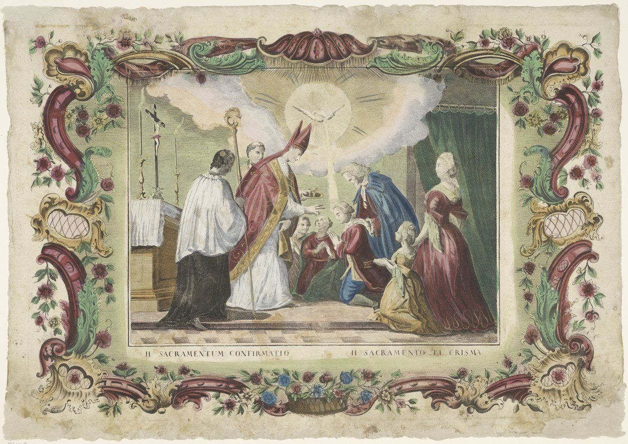 Pyhän vahvistuksen sakramentti II. sacramentum vahvistus / II. sacramento el crisma (otsikko esineessä) Seitsemän sakramenttia (sarjan nimi) tekijältä Giovanni Volpato
