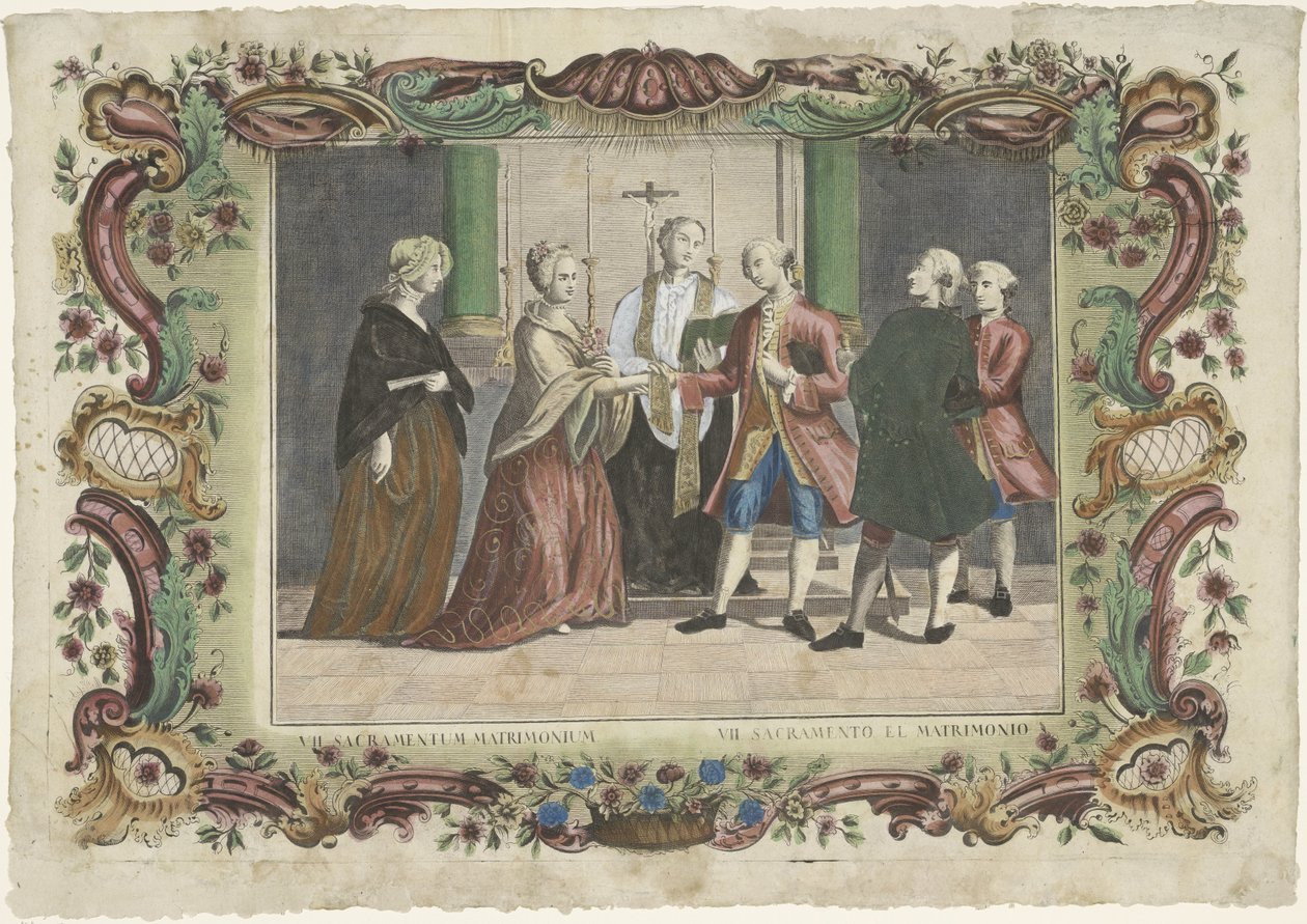 Avioliiton sakramentti VII. sacramentum matrimonium / VII. sacramento el matrimonio (nimi esineessä) Seitsemän sakramenttia (sarjan nimi) tekijältä Giovanni Volpato
