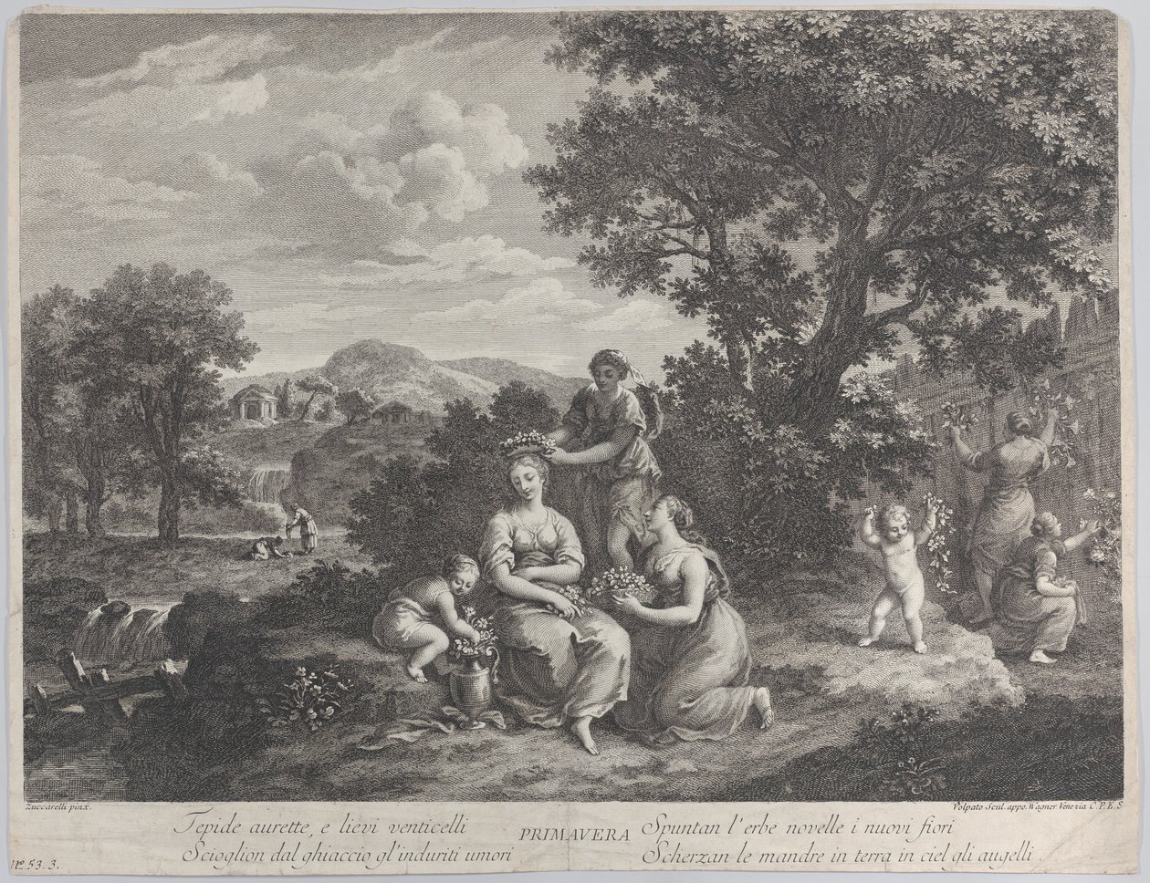 Primavera, naisryhmä, joka kerää kukkia ja tekee niistä kruunuja, n. 1764. tekijältä Giovanni Volpato