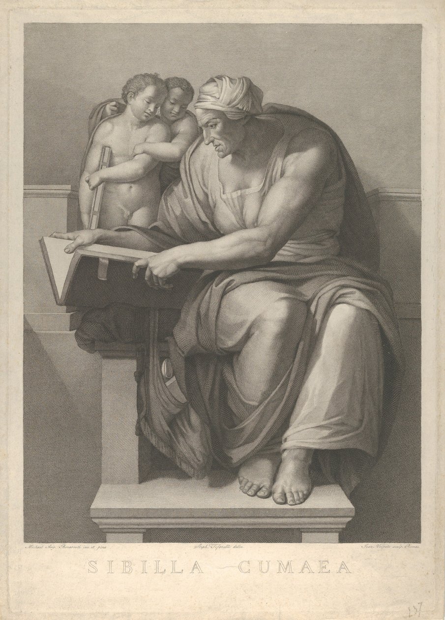Cumaean Sibyl Michelangelon freskon jälkeen Sikstuksen kappelissa, 1784-90. tekijältä Giovanni Volpato