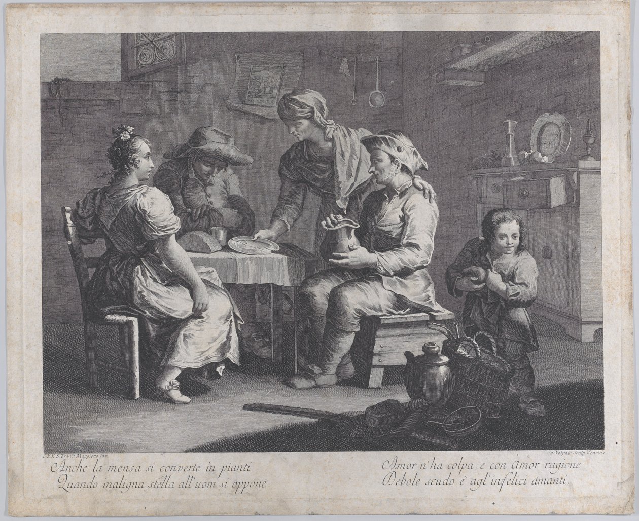 Kolme ihmistä istuu pöydän ympärillä vasemmalla, kun mies tuo tyhjän lautasen..., 1760-70. tekijältä Giovanni Volpato