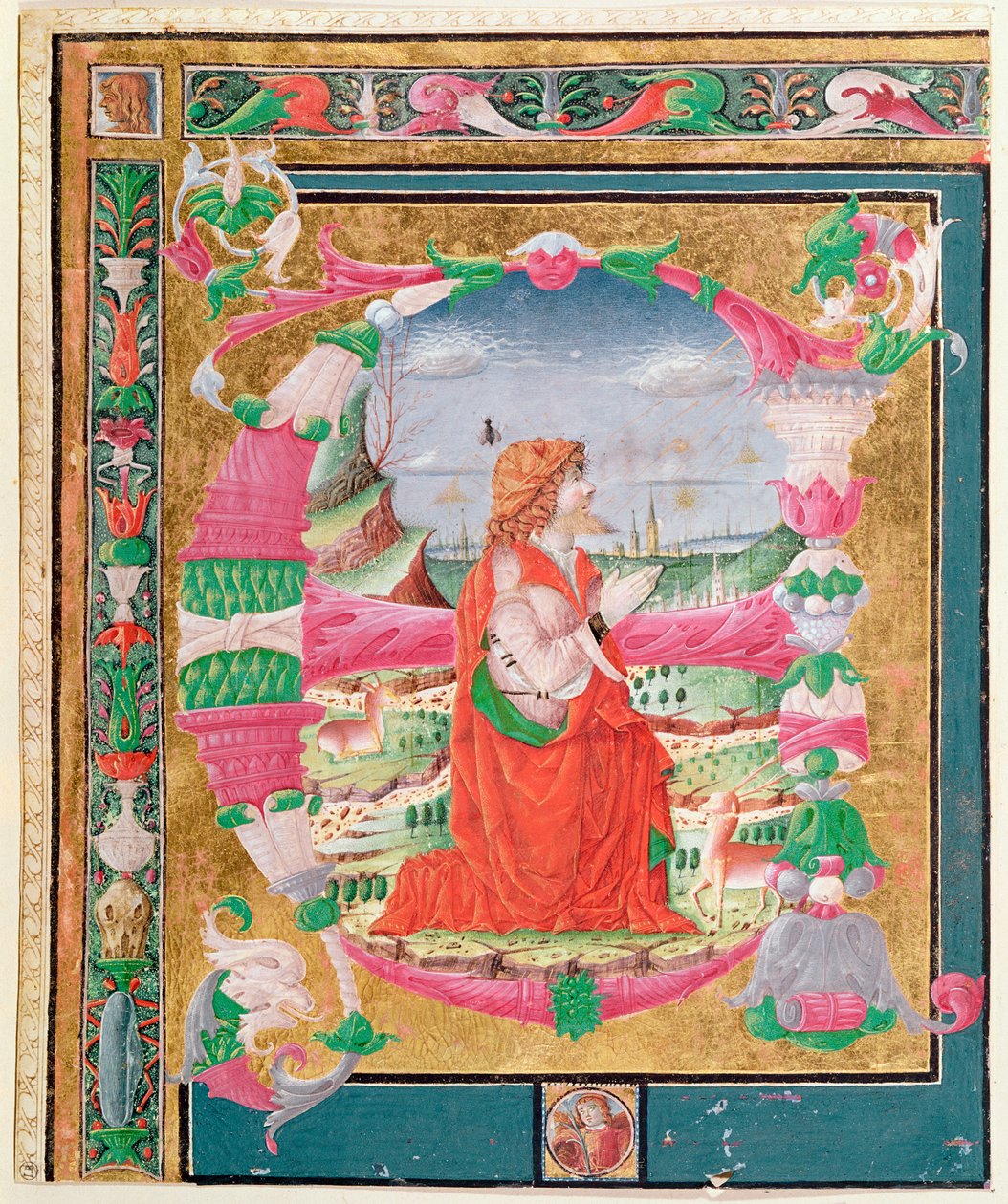 Historiallinen alkukirjain E, jossa polvistuva kuningas Daavidin hahmo, 1482-83 (wc paperille). tekijältä Giovanni and Cicognara, Antonio Gadio