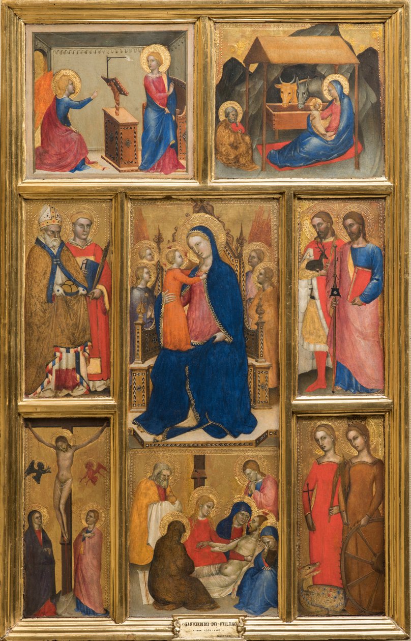 Italialainen:  Polittico con Madonna con Bambino Madonna ja lapsi pyhimysten kanssa. tekijältä Giovanni da Milano