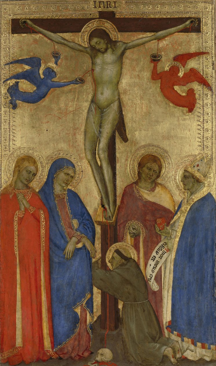 Ristiinnaulitseminen Kristus ristillä St. Franciscus, Maria Magdaleena, Maria, Johannes ja Ignatius Antiokialainen tekijältä Giovanni da Milano