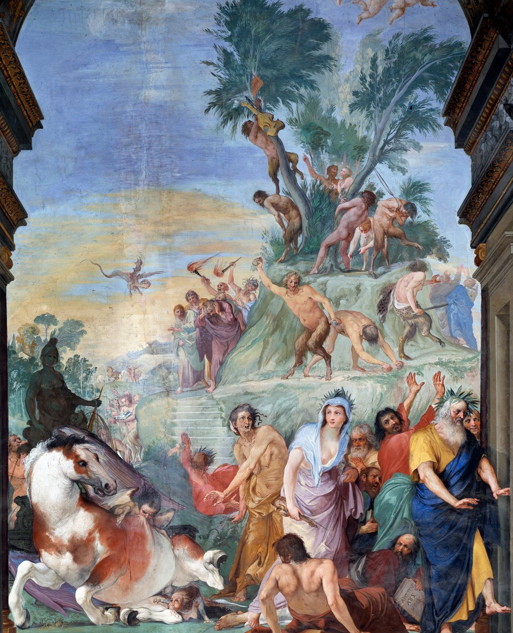 Muusat ja runoilijat metsästävät Parnassusta (Parnassuksesta karkotetut muusat ja runoilijat) Giovanni da San Giovannin (1592-1636) freskoyksityiskohta 1634-1642 Museo degli argenti, Palazzo Pitti, Firenze tekijältä Giovanni da San Giovanni