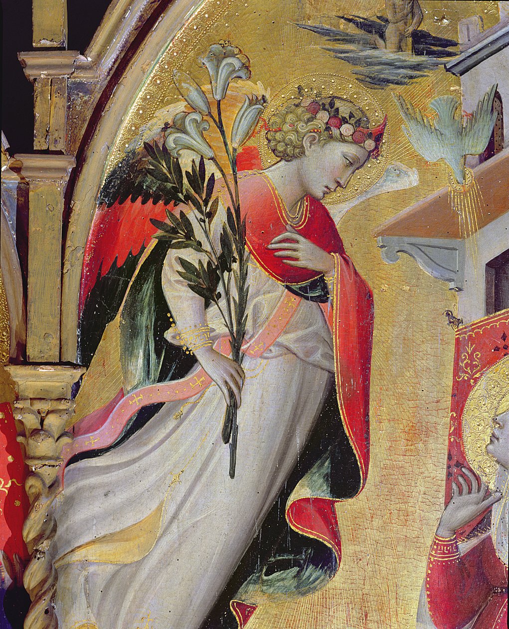 Arkkienkeli Gabriel, yksityiskohta Ilmoituksesta SS Lawrencen, Benedictin, Johannes Kastajan ja Nikolauksen kanssa, 1434 (tempera & kultalehti paneelissa) tekijältä Giovanni dal Ponte