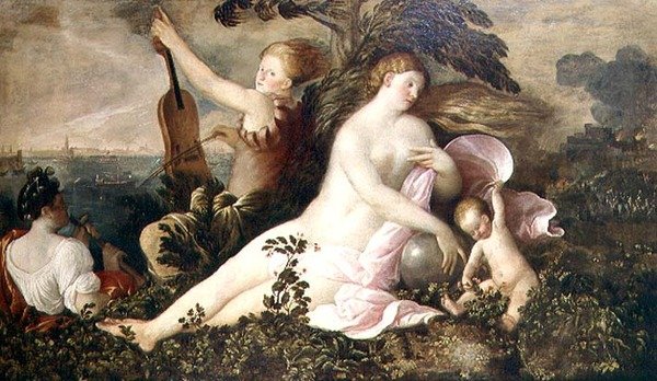 Allegoria venetsialaisesta voitosta, Onnen tai Sattuman keskushahmo sekä luontoa ja musiikkia symboloivat hahmot, n. 1518 tekijältä Giovanni de Busi Cariani