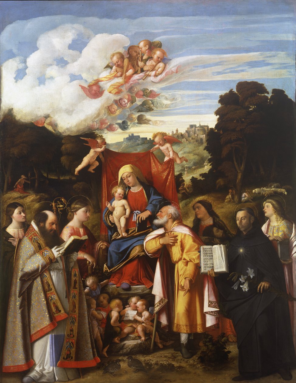 Madonna valtaistuimella enkelien, Pyhän Apollonian, Pyhän Augustinuksen, Pyhän Katariinan, Pyhän Joosefin, Pyhän Gratan, Pyhän Philip Benizzin ja Pyhän Barbaran kanssa (Pyhän Gotthardin alttaritaulu) tekijältä Giovanni de Busi Cariani