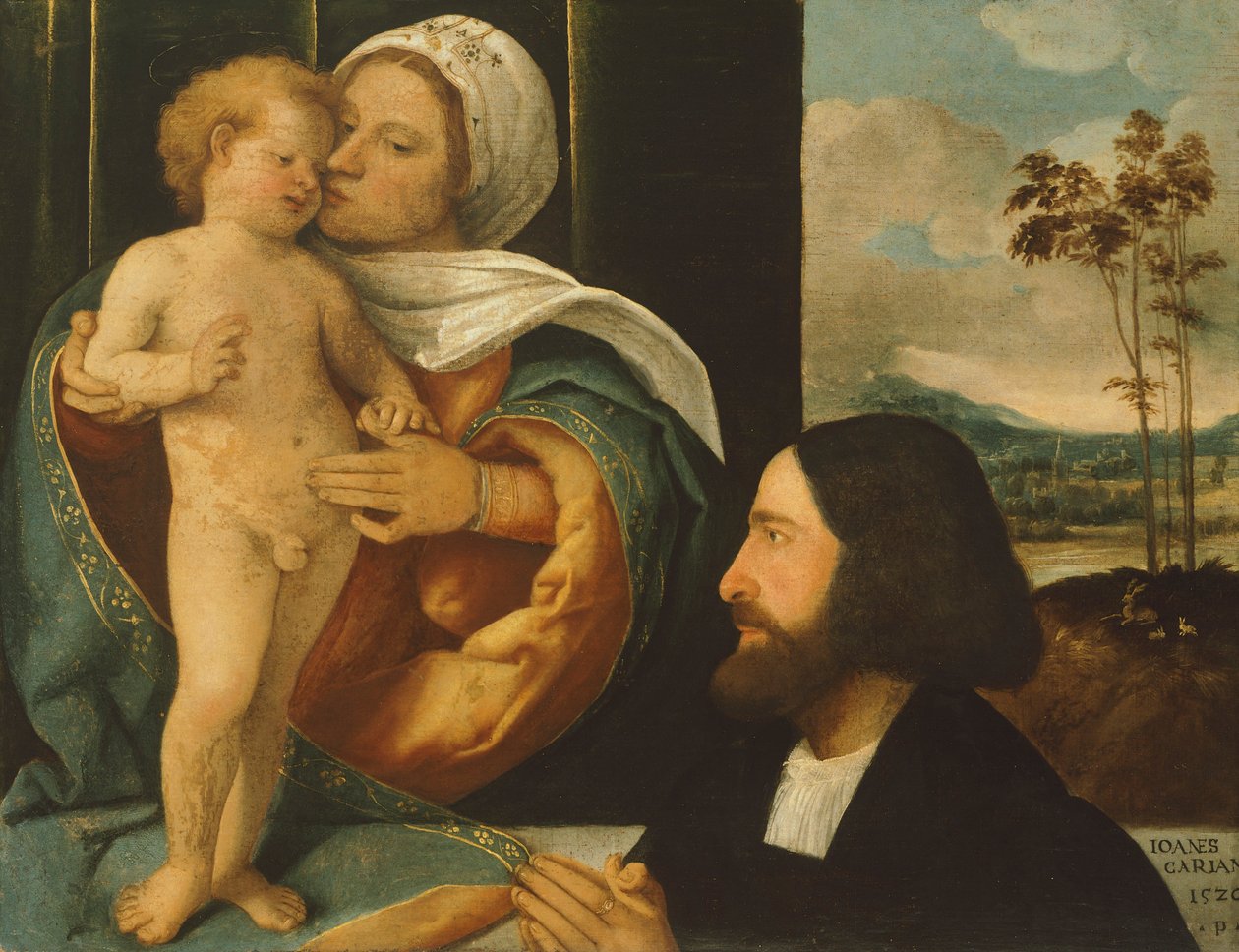 Giovanni Carianin (syntynyt 1485-1490-kuoli vuoden 1547 jälkeen) Madonna lapsen kanssa ja harrastaja tekijältä Giovanni de Busi Cariani