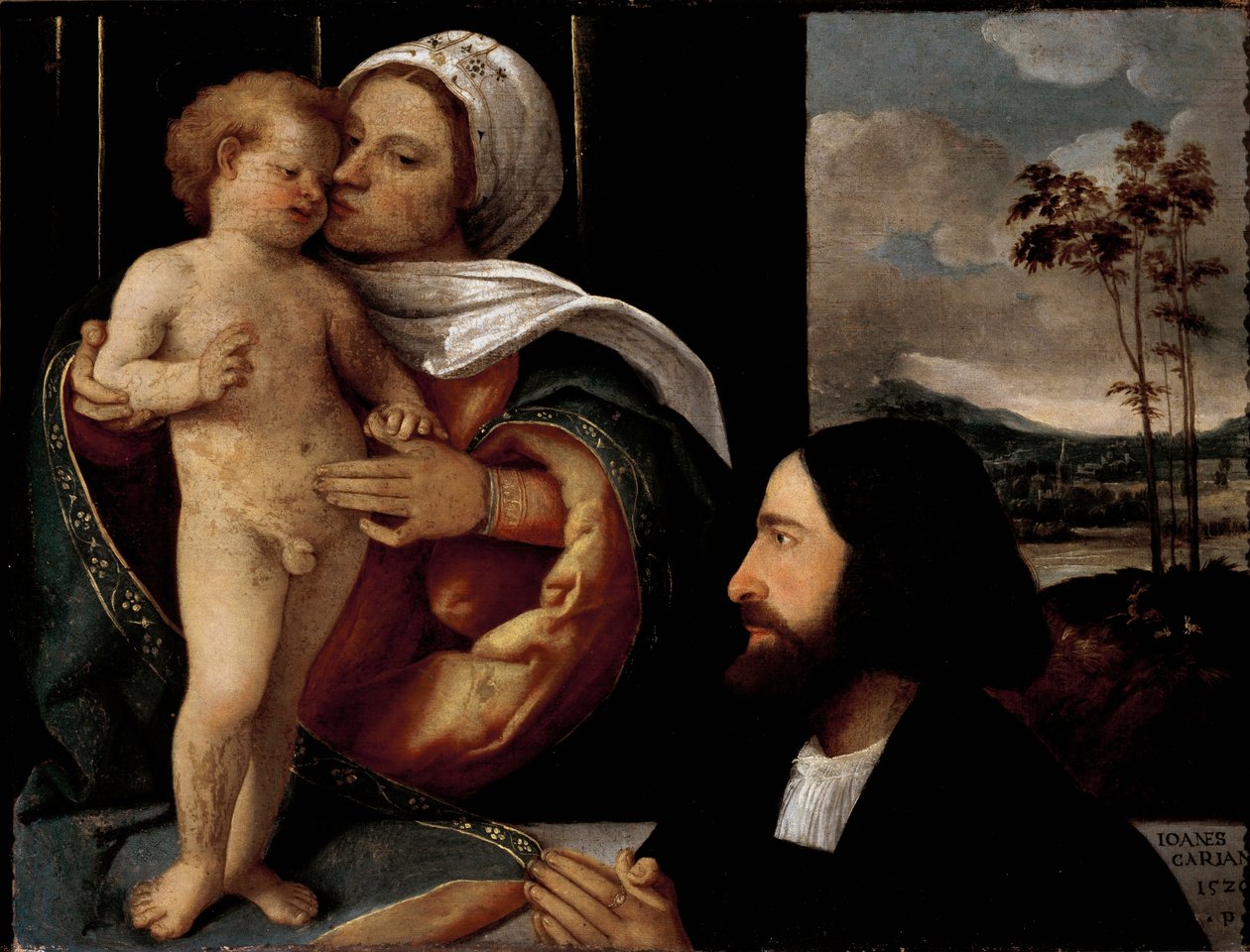 Giovanni Busi dit Carianin maalaus Neitsyt ja lapsi omistautuneen miehen kanssa (1482-1547) tekijältä Giovanni de Busi Cariani