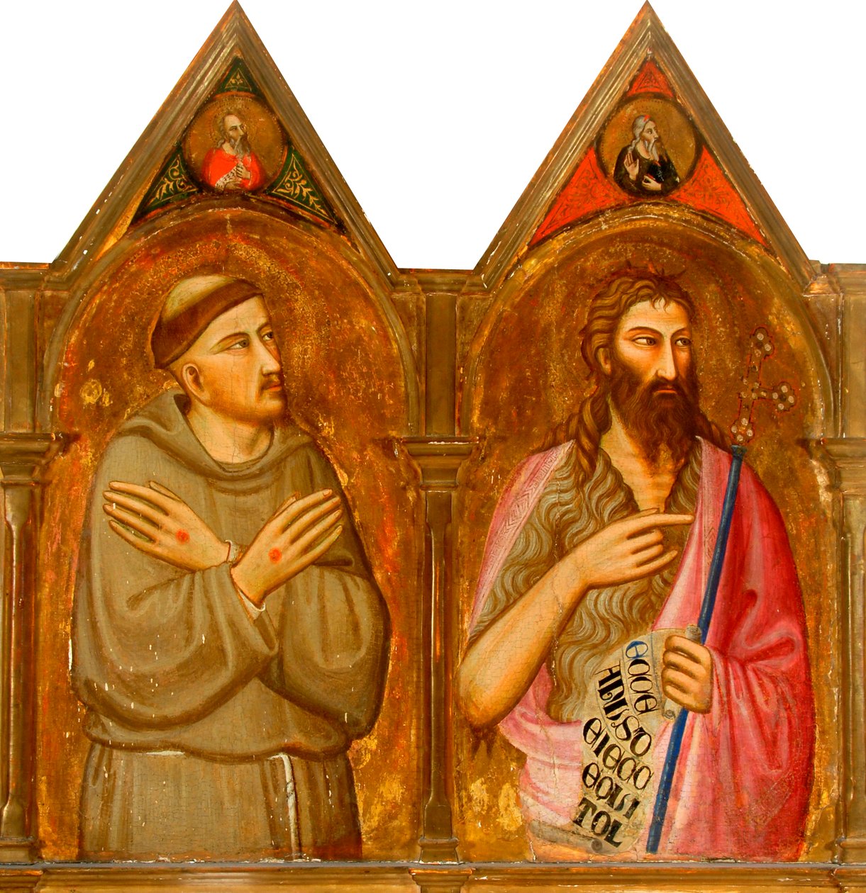 Pyhä Franciscus ja Johannes Kastaja (vasemmat triptyykin paneelit) (tempera ja kultalehti paneelissa) tekijältä Giovanni del (follower of) Biondo