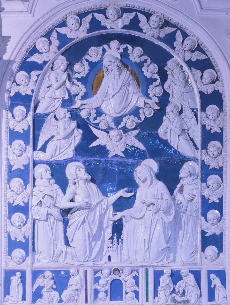 Madonna pyhien Franciscuksen, Dominicin ja Bernardin välillä, kirjoittanut Giovanni della Robbia (1469-1529), San Francescon kirkko Foiano della Chianassa, Toscanassa tekijältä Giovanni della Robbia