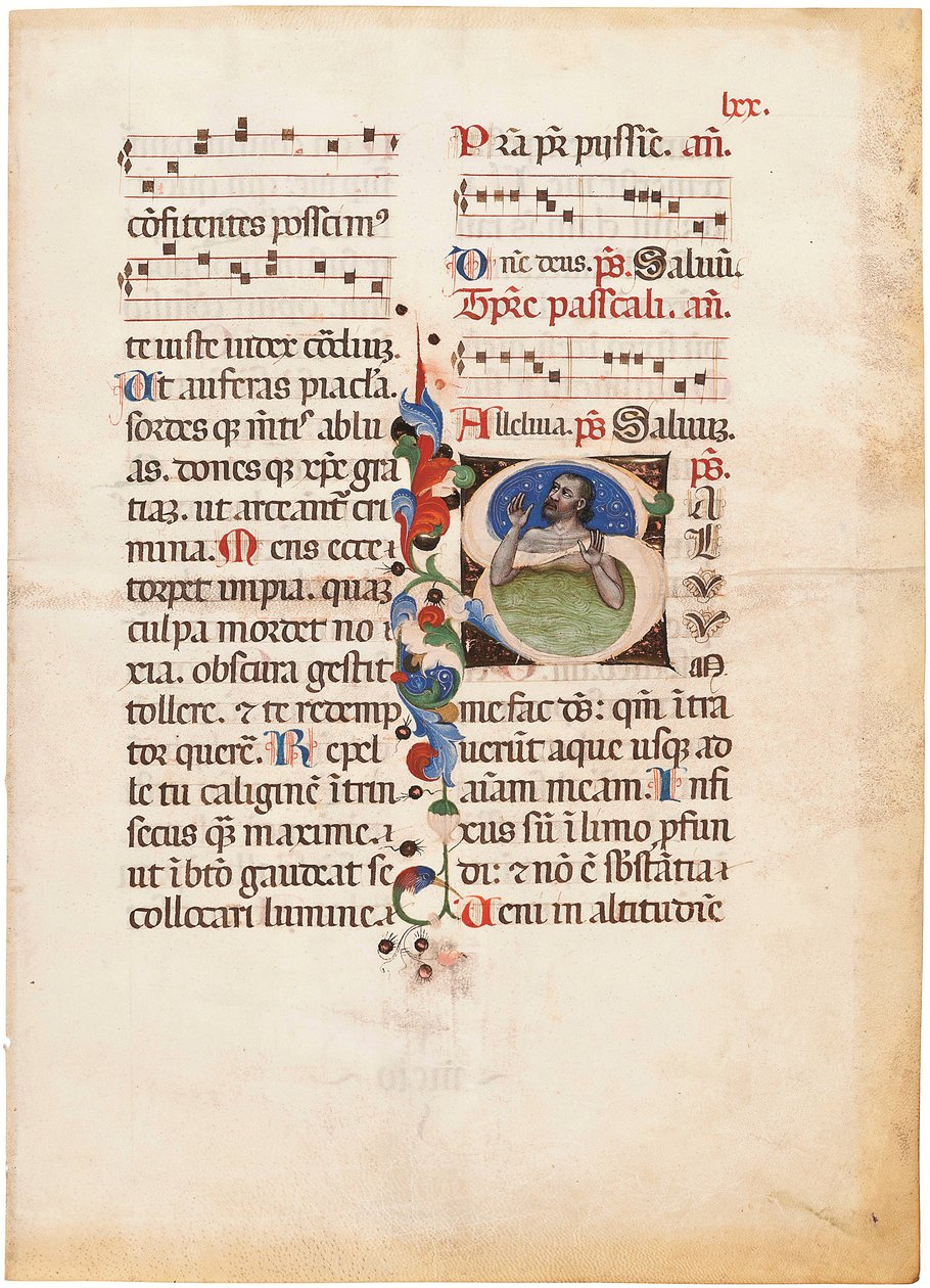 Psalmisti meressä, nimikirjain "S" valaistun merkityn breviirin lehdellä, Bologna tai Ferrara, noin 1440 (tussi ja väri pergamentilla). tekijältä Giovanni di Antonio da Bologna