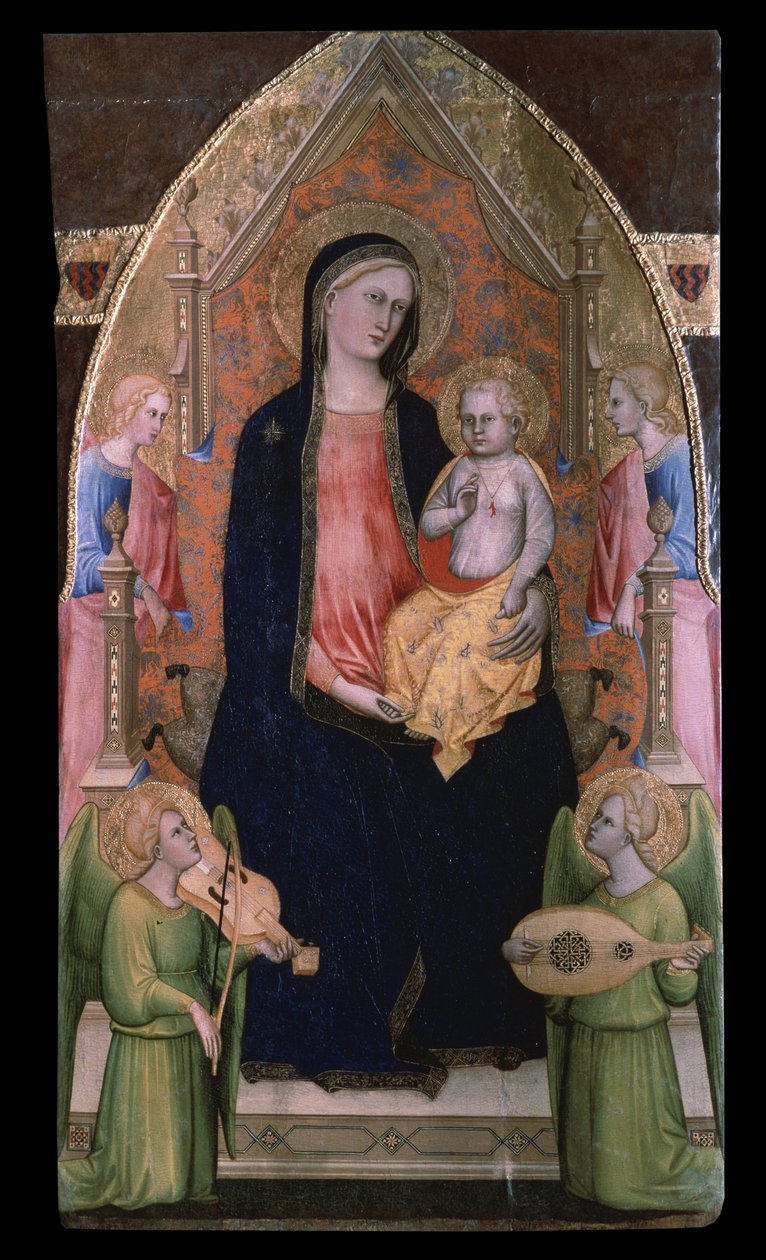 "Madonna ja lapsi valtaistuimella" (Neitsyt ja lapsi valtaistuimella enkelien kanssa) Giovanni di Bartolomeo Cristianin maalaus (toimii vuosina 1367-1398) Pushkin-museo, Moskova tekijältä Giovanni di Bartolomeo Cristiani