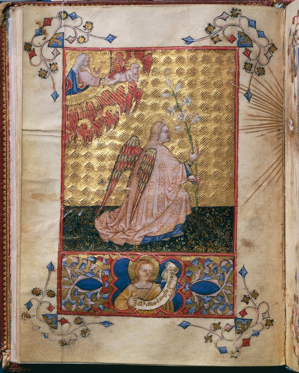 Italia, Ilmoitus: Enkeli liljalla, Giovanni di Benedetto da Comon miniatyyri, Alberto de Porcelisin teoksesta Officium Beatae Mariae Virginis tekijältä Giovanni di Benedetto da Como