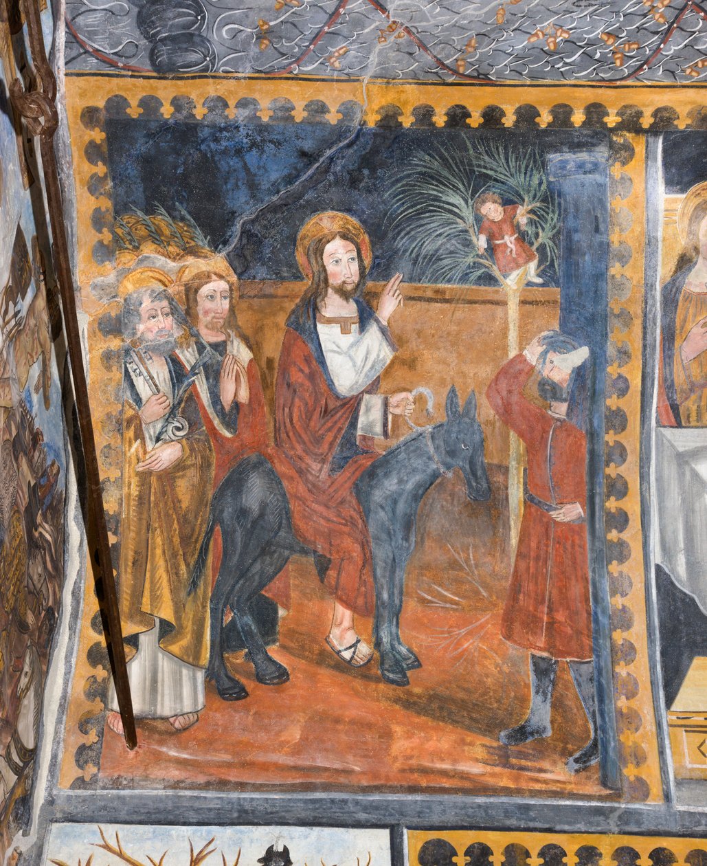 Kristuksen tarinat: Jeesuksen saapuminen Jerusalemiin, jossa häntä tervehdittiin palmunoksilla. tekijältä Giovanni di Cherasco Botoneri