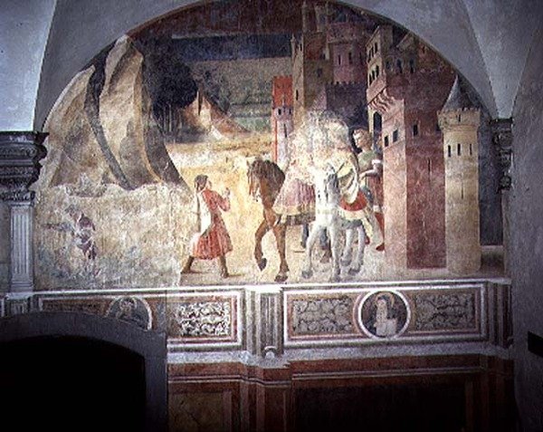 Pyhä Benedict lähtee kotoa, yksityiskohta Pyhän Benedictuksen elämän freskojaksosta Chiostro degli Arancin (appelsiiniluostari) n. 1430-luvulta (fresko) tekijältä Giovanni di Consalvo (attr. to)