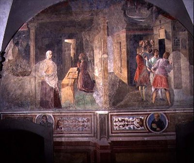 St. Benedict Korjaa katkennutta seulaa, yksityiskohta Pyhän Benedictuksen elämän freskojaksosta Chiostro degli Aranci (appelsiiniluostari) n. 1430-luku (fresko) tekijältä Giovanni di Consalvo (attr. to)