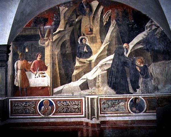 Pyhä Benedictus saa leipää ja viitta Hermit Romanolta, yksityiskohta Pyhän Benedictuksen elämän freskojaksosta Chiostro degli Aranci (appelsiiniluostari) n. 1430-luku (fresko) tekijältä Giovanni di Consalvo (attr. to)