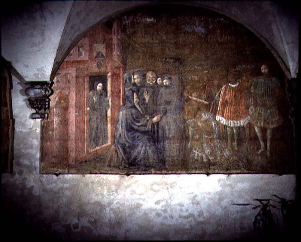 Pyhä Benedictus ja lähettiläs kuningas Totilasta, yksityiskohta Pyhän Benedictuksen elämän freskojaksosta Chiostro degli Aranci (appelsiiniluostari) n. 1430-luvulla (fresko) tekijältä Giovanni di Consalvo (attr. to)