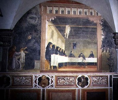 Pyhä Benedictus ja myrkytetty leipä, yksityiskohta Pyhän Benedictuksen elämän freskojaksosta Chiostro degli Arancin (appelsiiniluostari) n. 1430-luvulta (fresko) tekijältä Giovanni di Consalvo (attr. to)