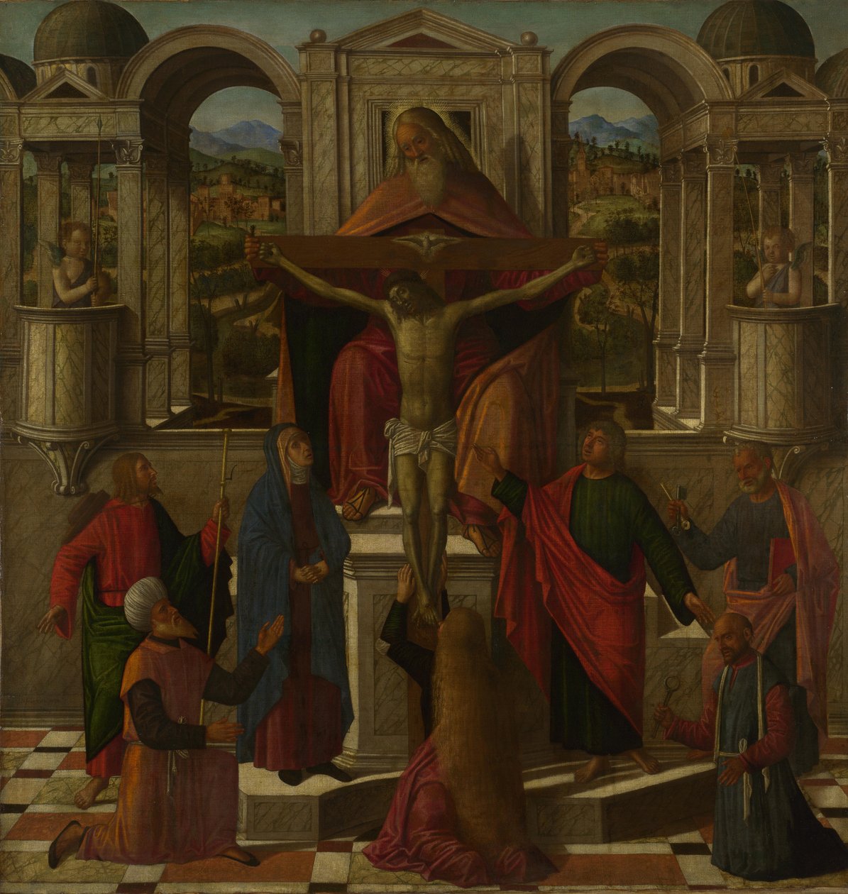 Ristiinnaulitsemisen symbolinen esitys, n. 1492 tekijältä Giovanni di Niccolo Mansueti