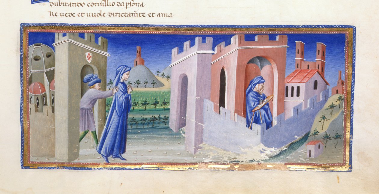 Dante karkotettiin Firenzestä, ja hän sävelsi runonsa maanpaossa Paradisosta "Divina Commediassa", Dante Alighieri, Yates Thompson 36, f.159 tekijältä Giovanni di Paolo