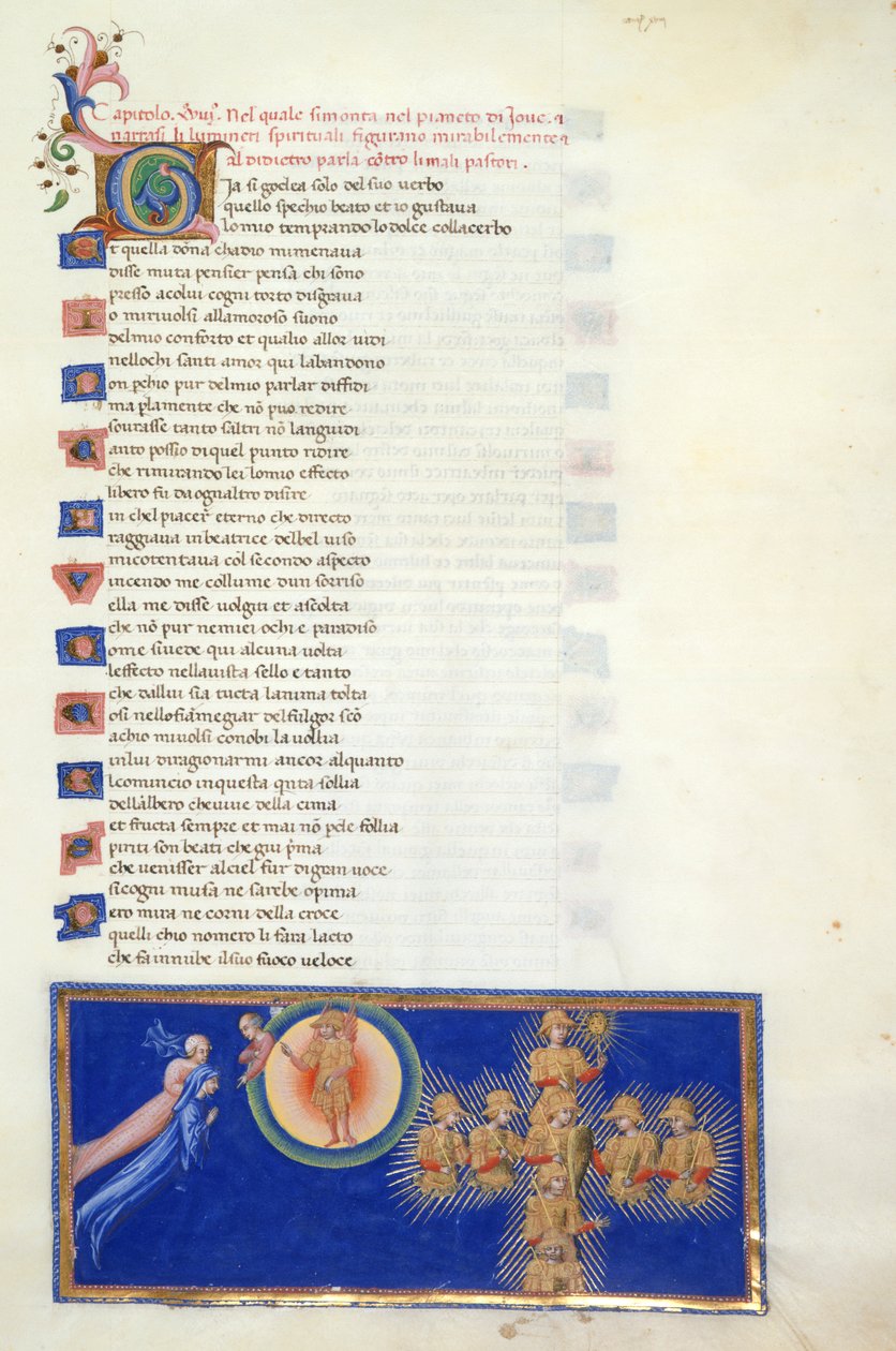 Paradiso, Canto XVIII. Miniatyyri esittää Danten ja Beatricen leijumassa Marsin taivaan reunalla olevan Cacciaguidan puolihahmon edessä, jonka keskellä on siivekäs Marsin hahmo. Dantelle näytetään kahdeksan pyhää soturia, jotka ilmestyvät tekijältä Giovanni di Paolo