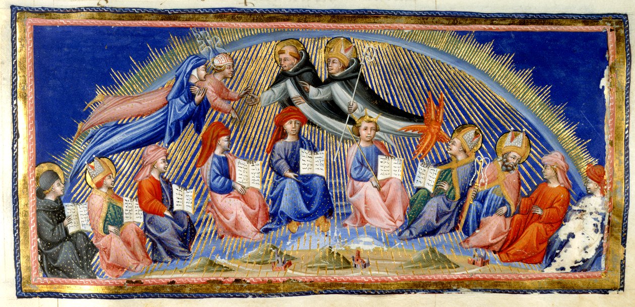 Paradiso, Canto X. Beatrice ja Dante leijuvat auringon taivaan vieressä tapaavat viisaudestaan tunnustetut. Heitä tervehtii St. Thomas Aquinas Albertus Magnuksen kanssa. Alla on kymmenen viisauden edustajaa; Bede, St. Ambrose, Isidore of Sev tekijältä Giovanni di Paolo