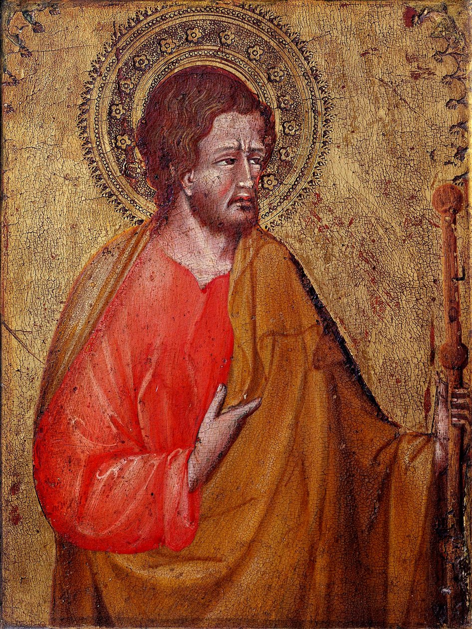 Pyhän Jaakobin Peleriinin esitys Tämä on Pyhä Jaakob Major tai Pyhä Jaakob, Sebedeuksen poika. Giovanni di Paolon maalaus (1395 / 1400-1482) 1400-luvun Assisi, San Francescon basilikan aarremuseo ja Perkinsin kokoelma tekijältä Giovanni di Paolo