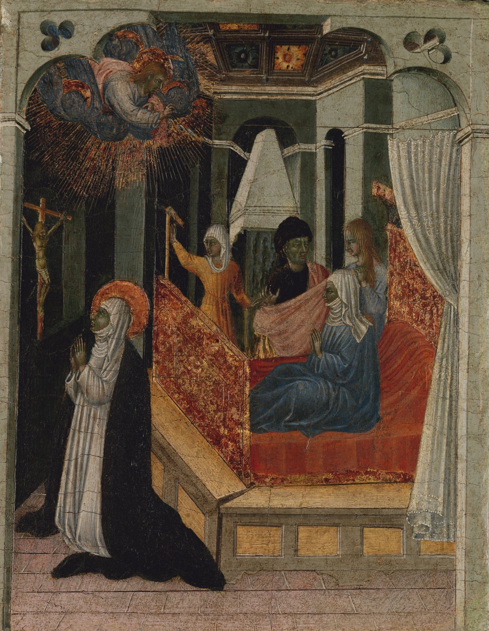 Pyhä Katariina Siena rukoilee Kristusta elvyttämään äitinsä, n. 1447-65. tekijältä Giovanni di Paolo