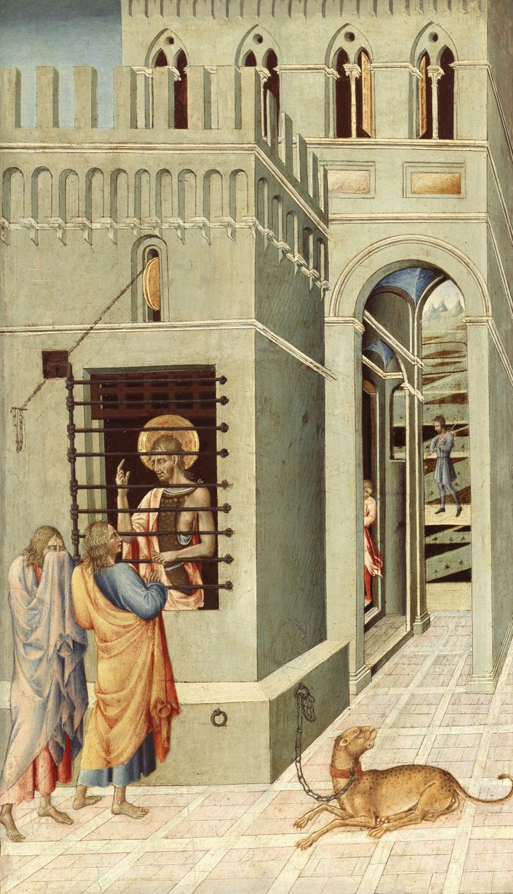 Pyhä Johannes Kastaja vankilassa Kahden opetuslapsen vieraana, 1455-1460 tekijältä Giovanni di Paolo