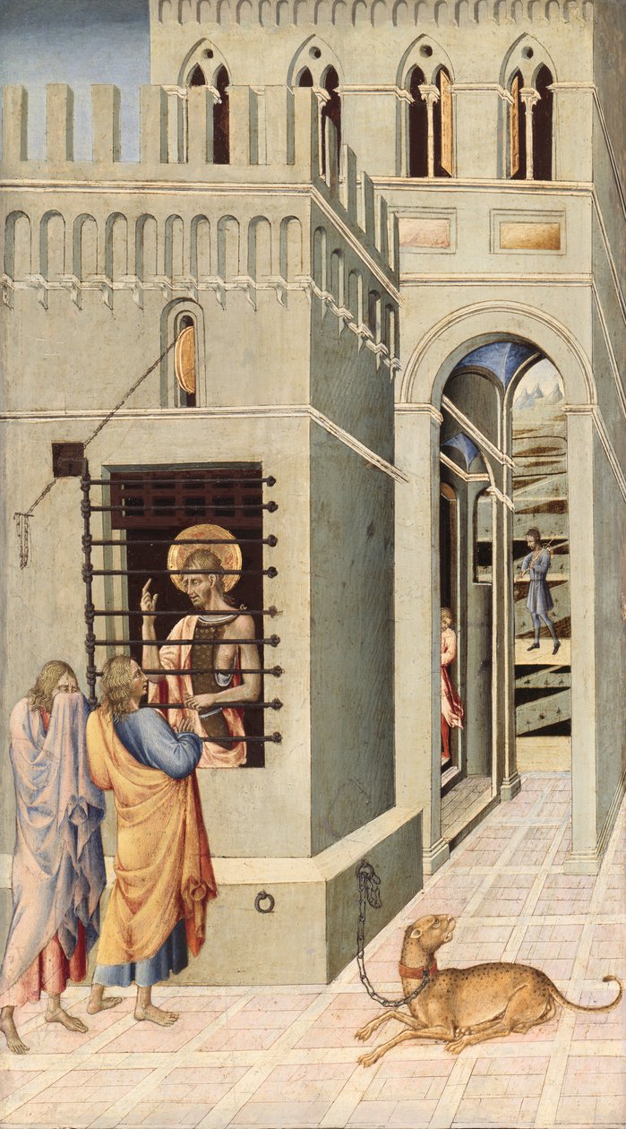 Pyhä Johannes Kastaja vankilassa, kahden opetuslapsen luona, 145560. tekijältä Giovanni di Paolo