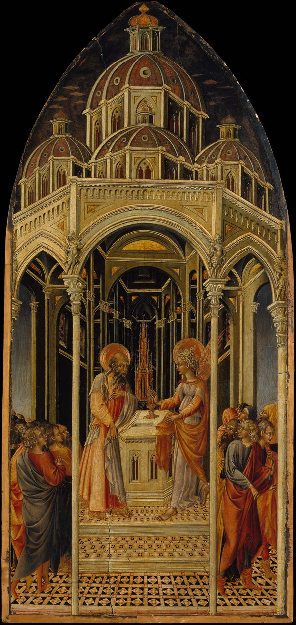 Ilmestys Sakariakseen, verso Ilmoituksen enkeli, n. 1455-60. tekijältä Giovanni di Paolo
