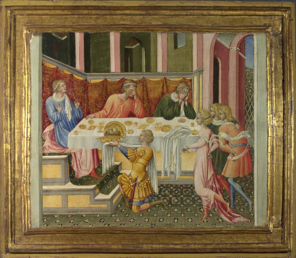 Johannes Kastajan pää tuotiin Herodes Predella -paneeliin, 1454 tekijältä Giovanni di Paolo