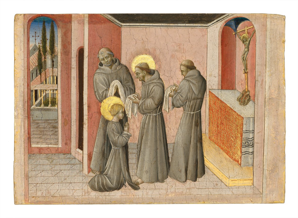 Pyhän Claren vihkiminen: pyhimys vastaanottaa ritarikuntansa vaatteet Pyhältä Franciscukselta, n. 1389-1482 (tempera ja kulta paneelissa) tekijältä Giovanni di Paolo