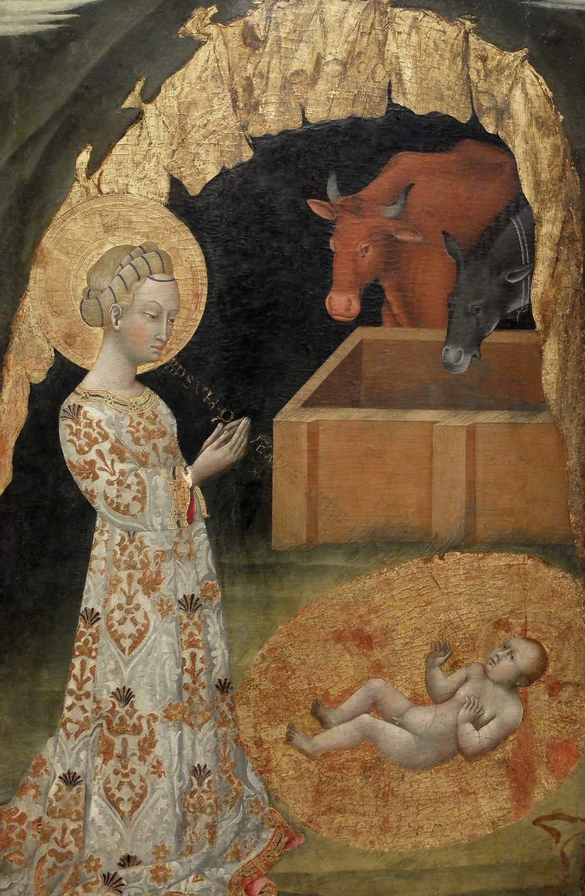 La Nativity, Saint Victtorino, Saint Ansano, keskeinen yksityiskohta (maalaus puulle) tekijältä Giovanni di Paolo di Grazia