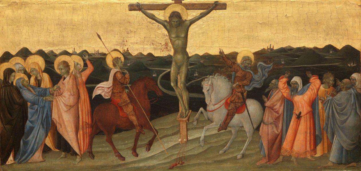 Ristiinnaulitseminen Ristiinnaulitseminen Marian, Johanneksen, Maria Magdaleenan, Pyhän Longinuksen ja kääntyneen sadanpäämiehen kanssa tekijältä Giovanni di Paolo di Grazia