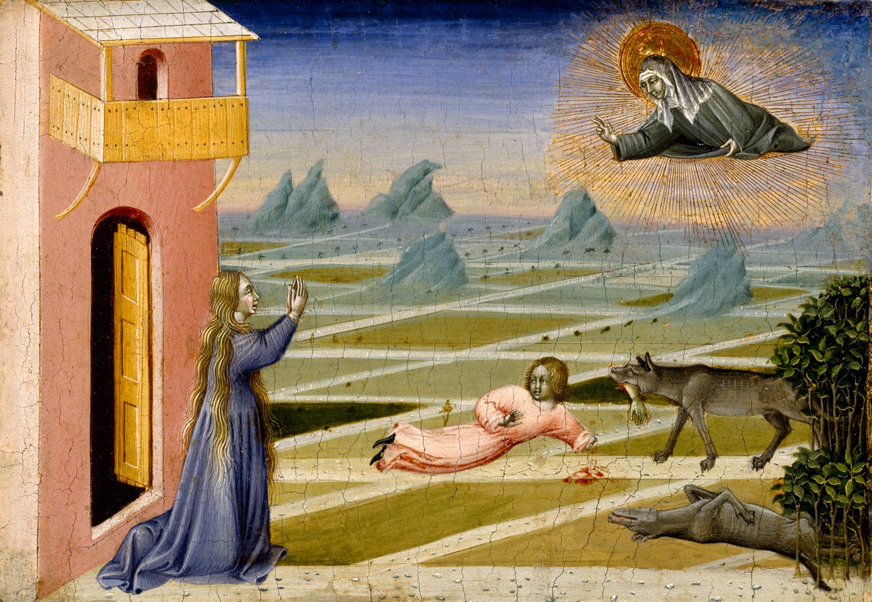 St. Clare pelastaa suden raateleman lapsen, n. 1455-1460 (tempera ja kultalehti paneelissa) tekijältä Giovanni di Paolo di Grazia